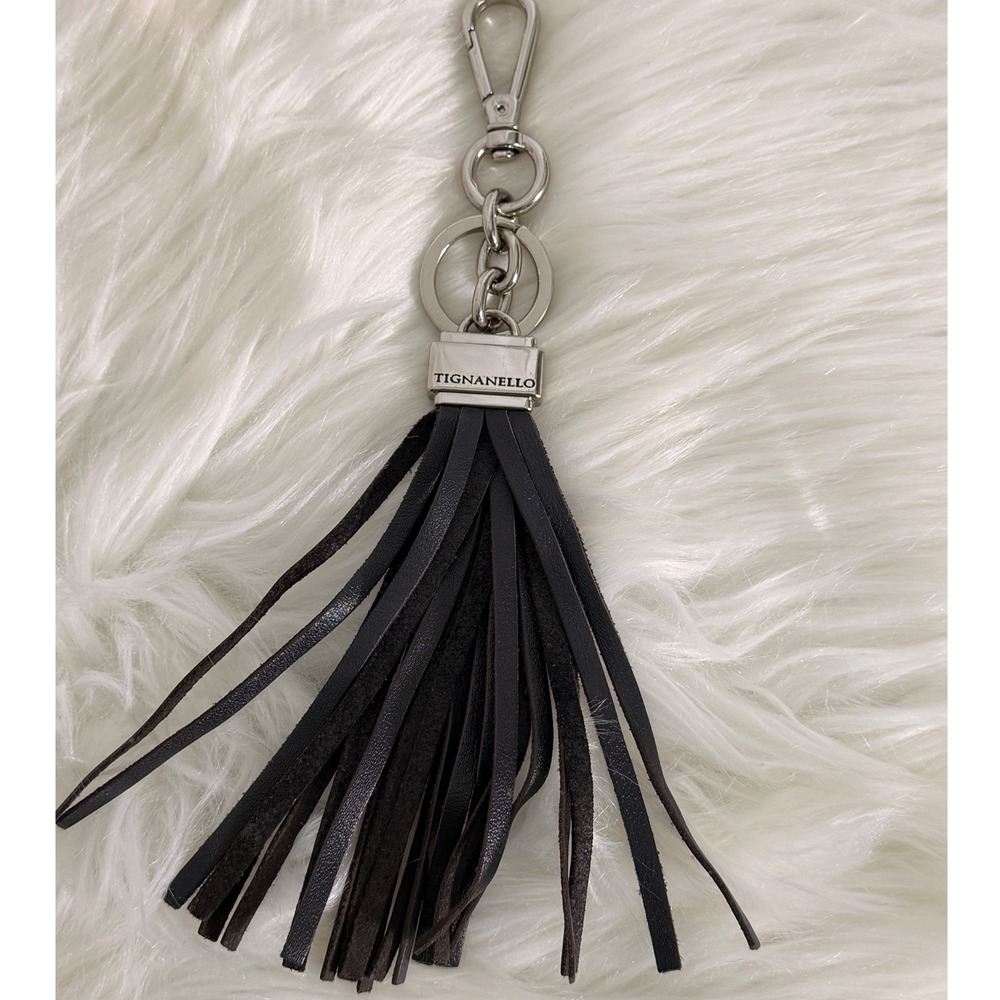 Tignanello Black Leather Tassel Bag Charm Keychain Silver Tone Hardware Fringe